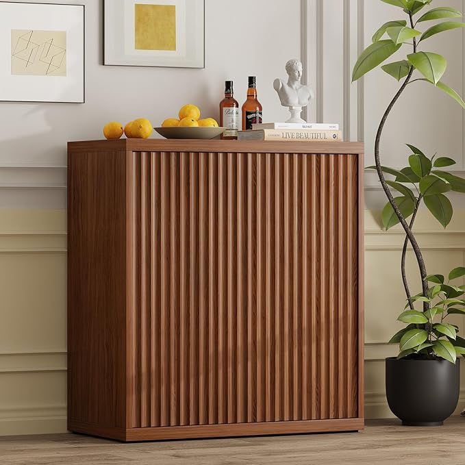 31” Sideboard Cabinet with Storage, Fluted Accent Cabinet with Adjustable Shelves, Modern Wood Credenza Cabinets with Pop-up Doors for Entryway Kitchen Living Room Hallway, Walnut