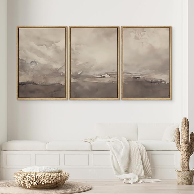 SIGNWIN Framed Canvas Print Wall Art Set Neutral Cloudy Sky Landscape Soft Beige and Taupe Illustrations Modern Art Decorative Relax/Zen Nordic for Living Room, Bedroom, Office - 16"x24"x3 Natural