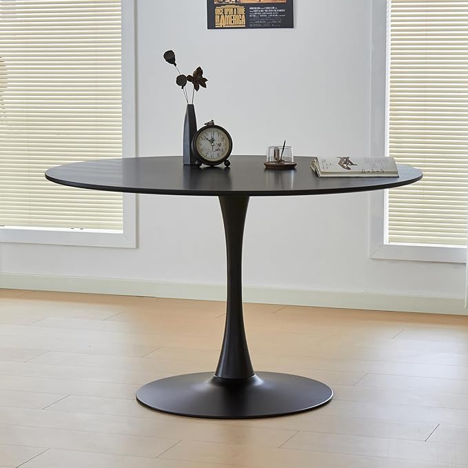 43.5" Tulip Table, Round Dining Table with Thickened Tabletop & Metal Pedestal, Mid Century Modern Bistro Circle Table for Kitchen, Small Places, Living Room, Cafe (Black)