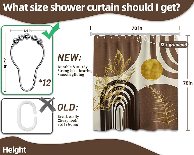 Mid Century Modern Black and Brown Shower Curtain Boho Beige and Dark Tan Gold Shower Curtains for Mens Bathroom Decor Sets, Waterproof Cloth Fabric with Hooks, 70x78in
