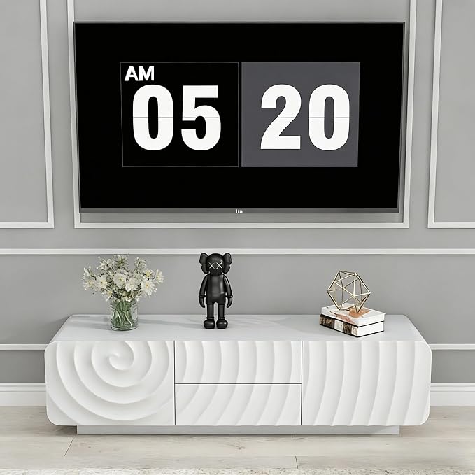 LKTART 58'' TV Stand with Storage & 2 Drawers, Modern TV Console with Water Ripple Door Panels Mid-Century Credenza Sideboard Buffet Cabinet for Kitchen & Living Room (White)