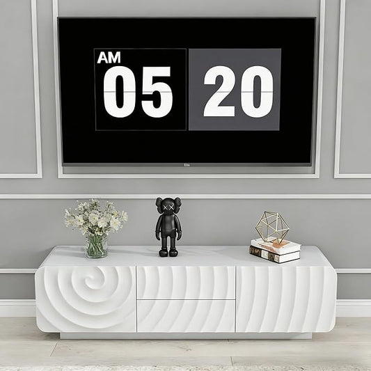 LKTART 58'' TV Stand with Storage & 2 Drawers, Modern TV Console with Water Ripple Door Panels Mid-Century Credenza Sideboard Buffet Cabinet for Kitchen & Living Room (White)