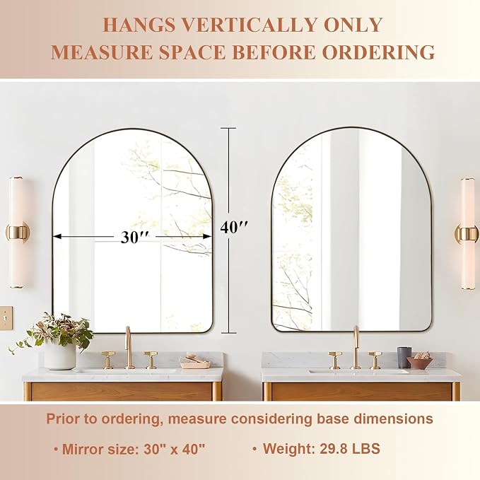 ANDY STAR 30x40 Inch Gold Bathroom Mirror, Arch Top Design Stainless Steel Mteal Frame, Brass Arch Mirrors for Wall Ideal for Bathroom, Entry, Living Room