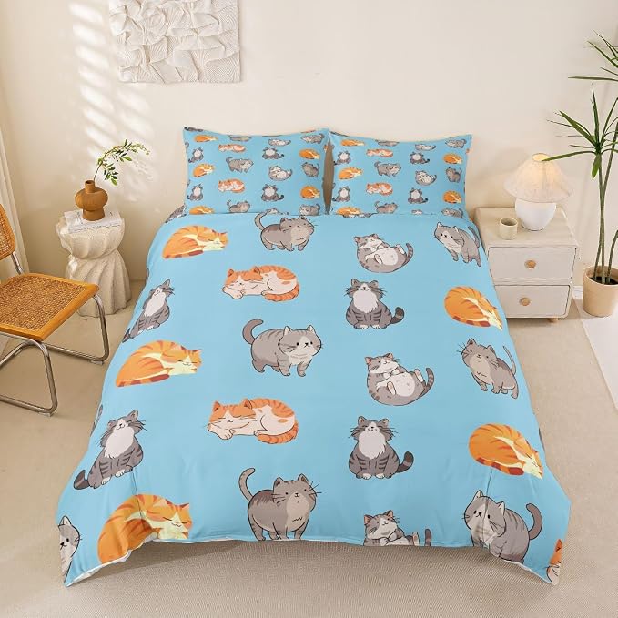 Erosebridal Cats Bedding Set Queen Cute Kitten Duvet Cover Cartoon Pets Animals Comforter Cover for Kids Girls Boys Adults Funny Cat Bed Set Blue