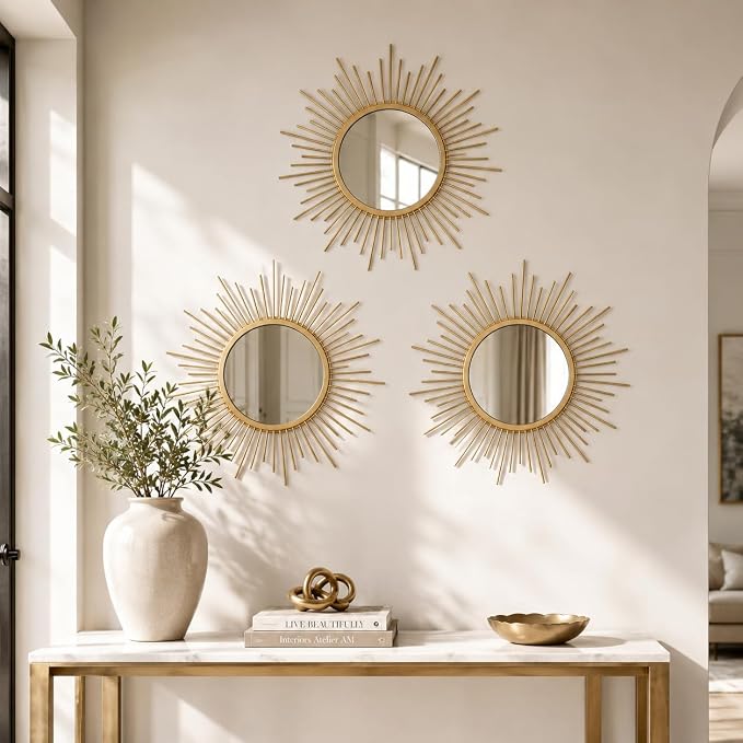 Gold Sunburst Mirror Set of 3, 3PCS Metal Round Decorative Wall Mirrors, Starburst Accent Mirror Wall Decor for Living Room, Bedroom, Entryway, Hallway & Bathroom