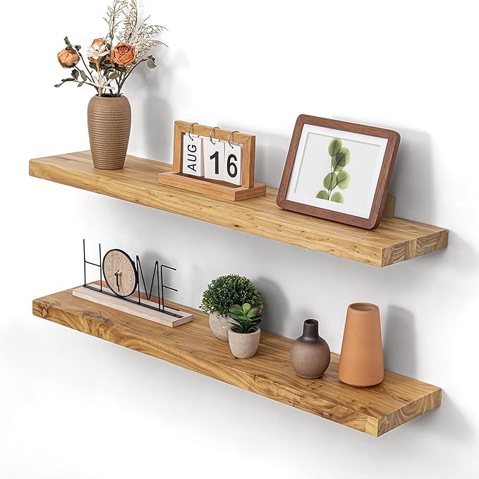 Wood Floating Shelves 36 Inch Long, Rustic Solid Elm Wood Shelves for Home Decor, 8 Inch Deep Wall Shelf with Invisible Bracket for Living Room Bathroom Bedroom Kitchen, Natural Color, Set of 2