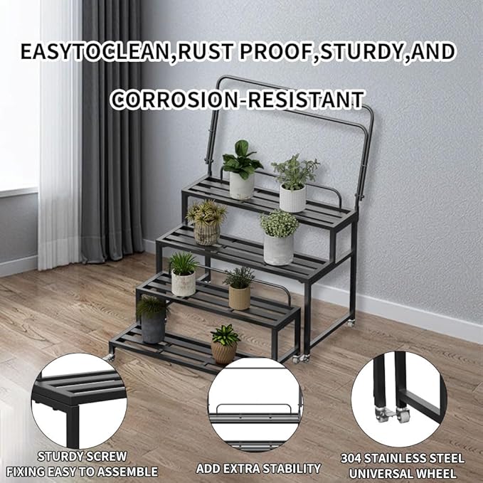 Metal Plant Stand for Outdoor Indoor, 4-Tier Aluminum Plant Stands, Multiple Plants Shelf with Universal Wheel, Flowers Pot Holder Rack for Lawn Garden Balcony Patio