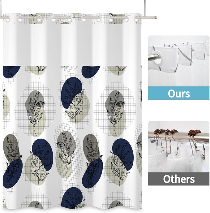 No Hook Shower Curtain with Snap in Liner Boho Shower Curtain for Bathroom Waterproof Fabric Creative Gray and Blue Plant Botanical Bath Decor Machine Washable 71x74 Inch