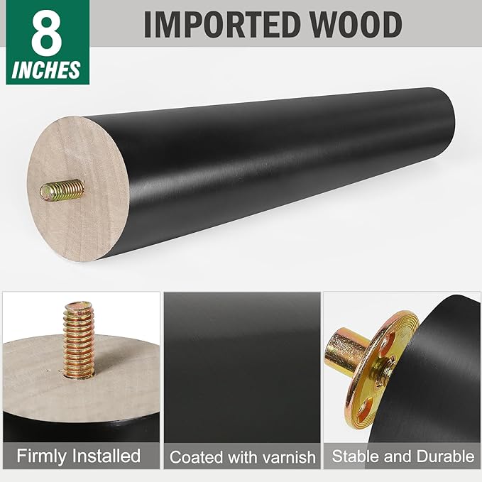 FoDau770 Black Rubber Wood Furniture Legs 8 Inches, Slant Tapered Wood Feet Mid Century Sofa Legs Set of 4, 5/16" UNC Furniture Feet Replacement Parts for Cabinet Couch Dresser Chair Ottoman Table