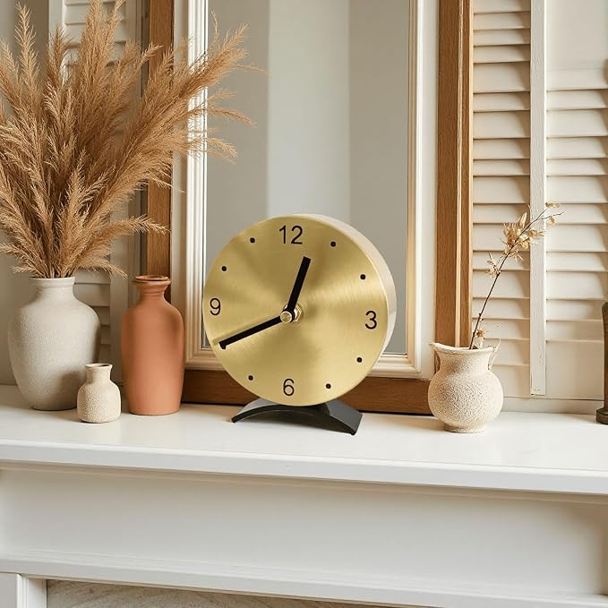 Solid Brass Small Gold Table Clock - Silent Non-Ticking, Battery Operated for Living Room Mantel, Desk or Shelf Decor