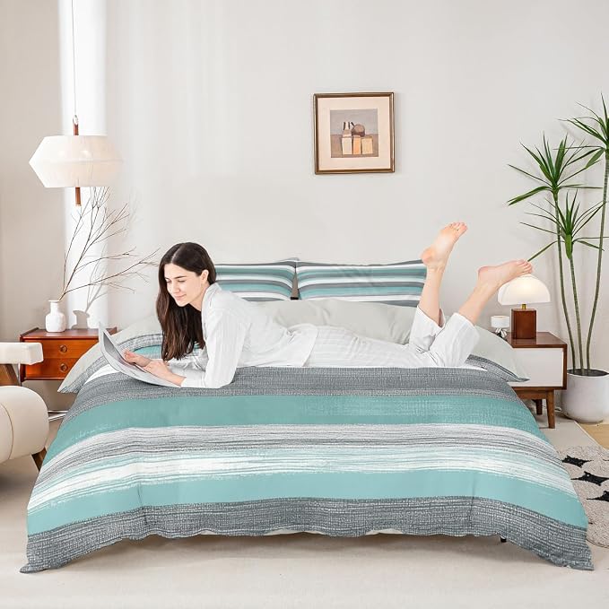 Erosebridal Grey White Teal Duvet Cover Queen Abstract Art Bedding Set, Geometric Stripe Comforter Cover Grunge Aesthetic Bed Set, Boho Hippie Modern Bedding 3pcs with 2 Pillow Case (Zipper Closure)