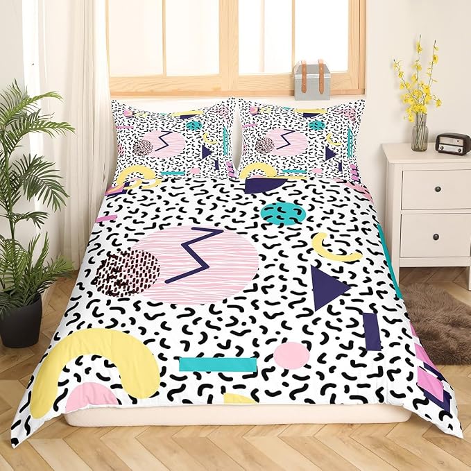 Memphis Duvet Cover Set Twin Size, Vintage Hip Hop Comforter Cover with 1 Pillowcase, Retro 80s or 90s Geometric Fashion Style Bedding Set for Kids Boy Girls Lightweight Bedspread Cover,No Comforter