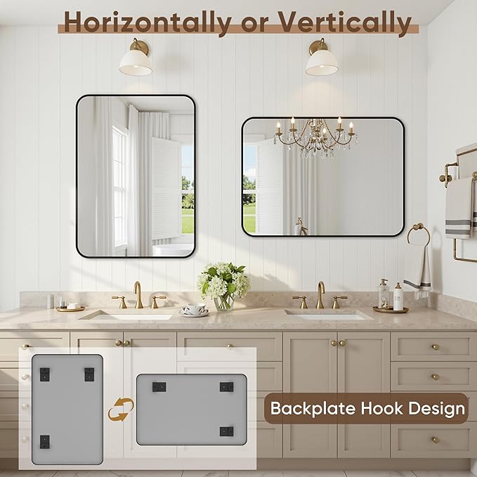 Bathroom Mirrors for Over Sink 22" x 30", Black Metal Frame Rounded Corner Rectangle Wall Mirror, Modern Farmhouse Vanity Mirror(Horizontal/Vertical)