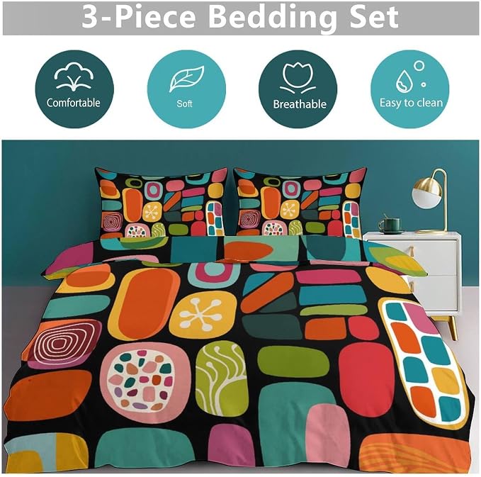 Modern Geometric Bedding Set,Retro Mid Century Colorful Diamond Abstract Geometric Vintage 60s 70s Pattern Comforter Set with Pillowcase for Bedroom Bed Decor,Queen 90"x90"