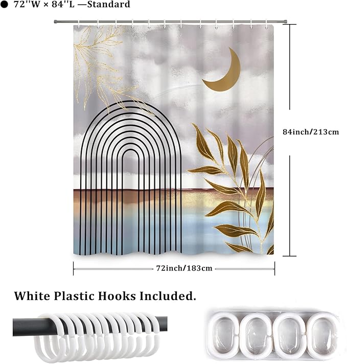 Boho Shower Curtain Abstract Modern Geometric Leaves Shower Curtain Mid Century Minimalist Moon Pattern Decor Bath Curtain Waterproof Fabric with Hooks 72x84