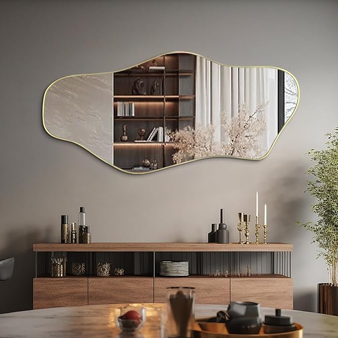 Irregular Mirror, 51.1"x23.6" Asymmetrical Frameless Mirrors, Large Gold Abstract Wall Mirrors, Modern Unique Shaped Mirror for Living Room Bathroom Bedroom Hallway Entryway