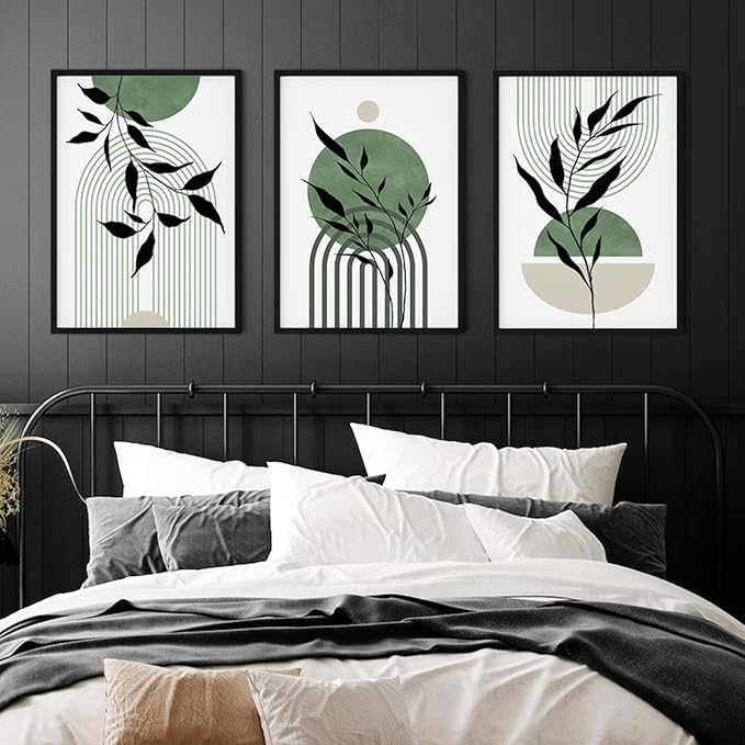 Mid Century Modern Wall Art Set of 3 Sage Green Canvas Wall Art Boho Prints Green Wall Decor Black Beige Abstract Wall Art Picture Mid Century Painting for Living Room Bedroom 16x24 Inch UNFRAMED