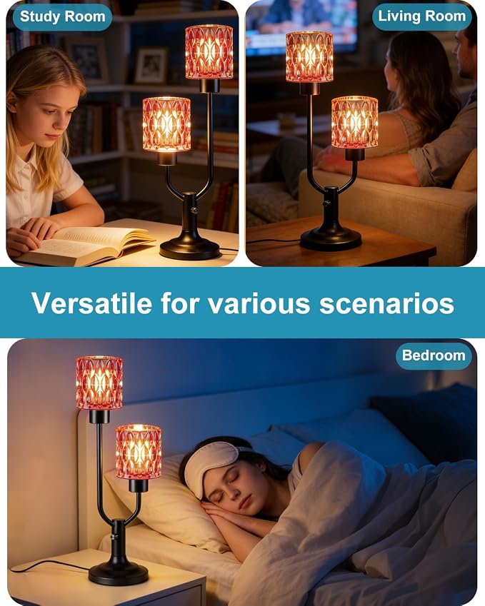 Lightdot Mid Century Modern Table Lamp Dimmable Nightstand Lamp Red Glass Vintage Black Desk Lamp 2 Bulbs Included Warmwhite Ambient Bedside Lamps for Living Room Bedroom Girls Room Home Office Decor