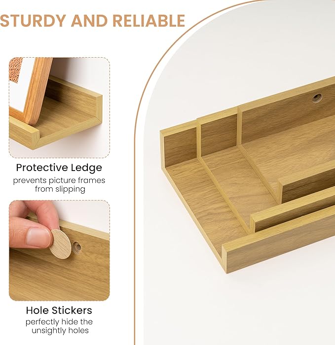Floating Shelves Set of 6, 16 Inch Picture Ledge Shelf with Lip for Wall, Wall Mounted Display Shelf for Living Room, Bedroom, Nursery, Bathroom, Kitchen, Oak