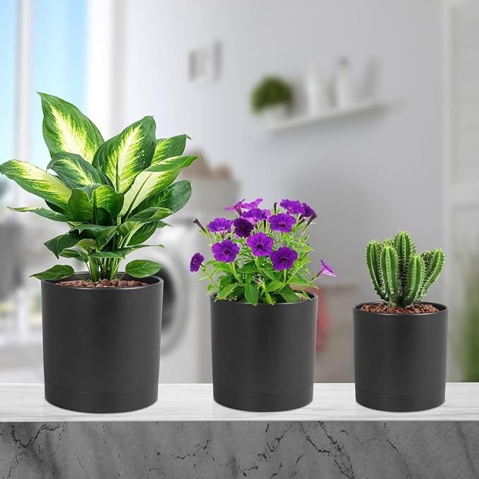 Meowell 6/5/4 inch Flower Pots, Set of 3 Cylinder Plant Pots for Small Indoor Outdoor Plants, Plastic Planters with Drainage Holes and Saucers for Garden Succulent Nursery House Plants, Black