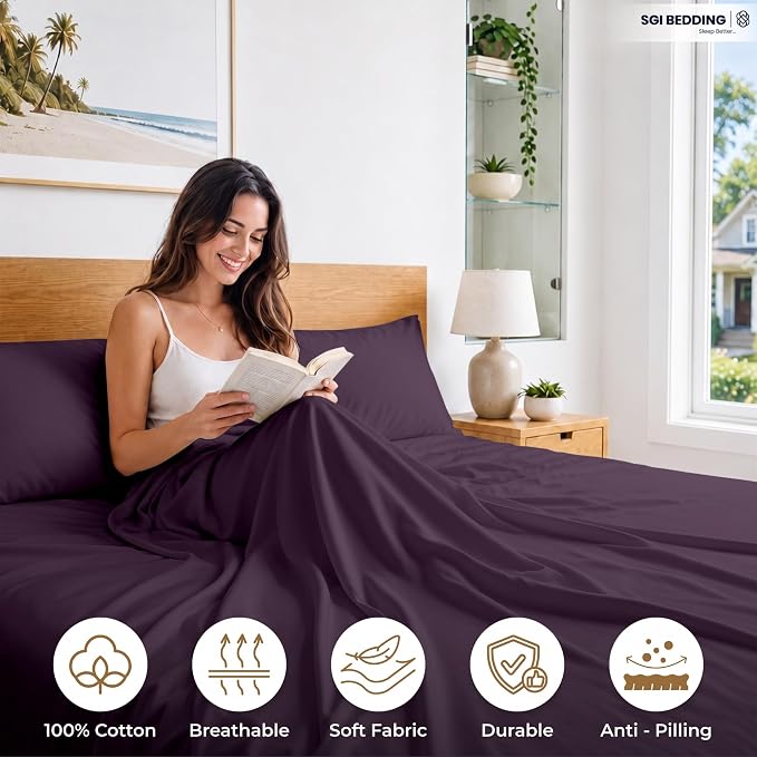 SGI bedding 100% Egyptian Cotton Sheets Twin Size – 600 Thread Count Sheets Set, Soft, Cooling, 15" Deep Pocket, Luxury Hotel Bedding, Breathable, Durable - Plum