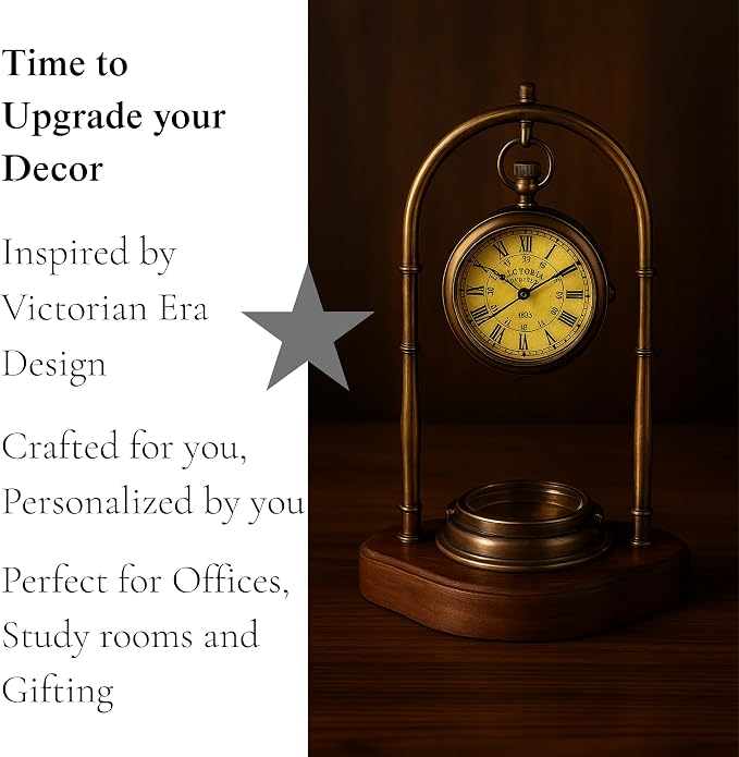 Personalized Victorian Brass Desk Clock with Integrated Working Compass - Vintage Tabletop Nautical Timepiece for Home/Office Decor, Engraved Bronze Luxury Office Decor