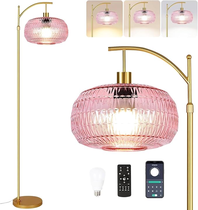 QIYIZM Pink Floor Lamp for Living Room,Bedroom,Gold Dimmable Standing Lamp with Remote,Mid Century Modern Brass Tall Lamp Boho Floor Lamps Arc Stained Glass Flower Floor Light Lamp Girls kids Bohemian
