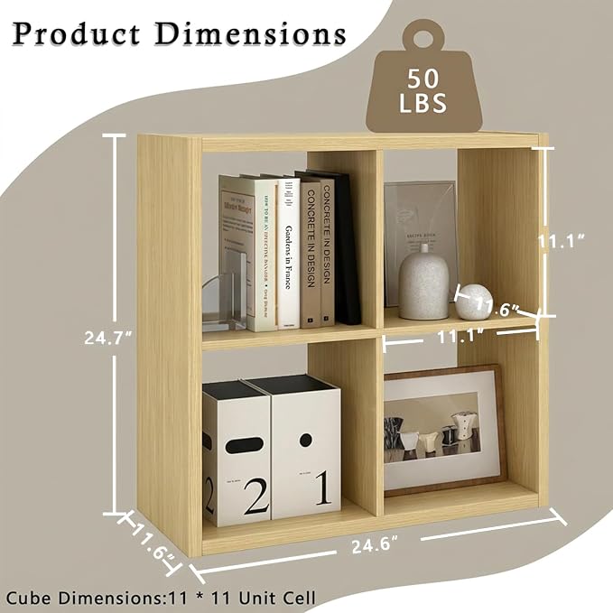 Endearing Limons【2026 Wooden Thick Border】 4 Cube Shelf Storage Organizer with Anti-Tipping Kits + Reversible Open Back Bookcase (11 * 11 Unit Cell Oak)