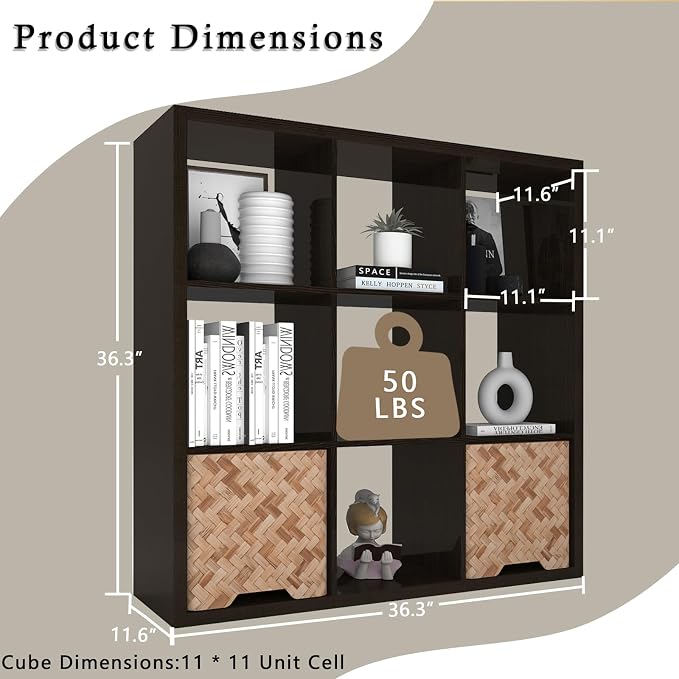 Endearing Limons【2026 Wooden Thick Border 9 Cube Shelf Storage Organizer with Anti-Tipping Kits + Reversible Open Back Bookcase (11 x 11 Unit Cell Chocolate)