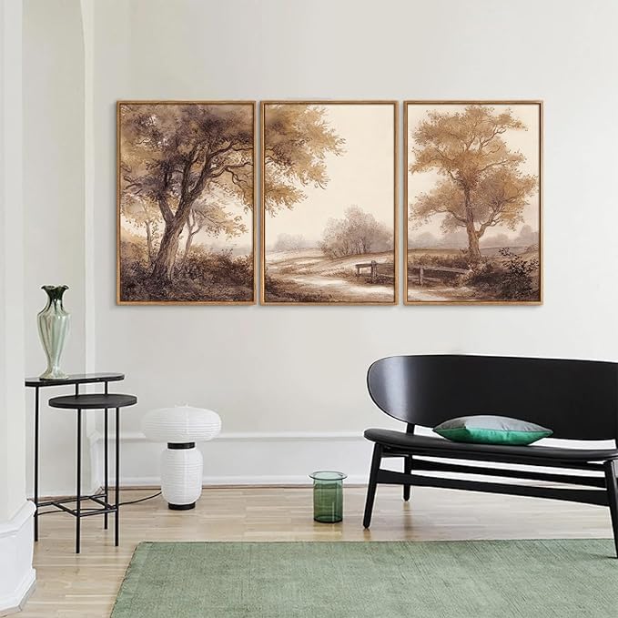Rantodecor Vintage Landscape Framed Canvas Wall Art Triptych, Rustic Tree Sketch Wall Decor, Large Claming Nature Forest Art Paintings, Modern Relax Farmhouse Artwork for Bedroom Living Room 16"x24"x3