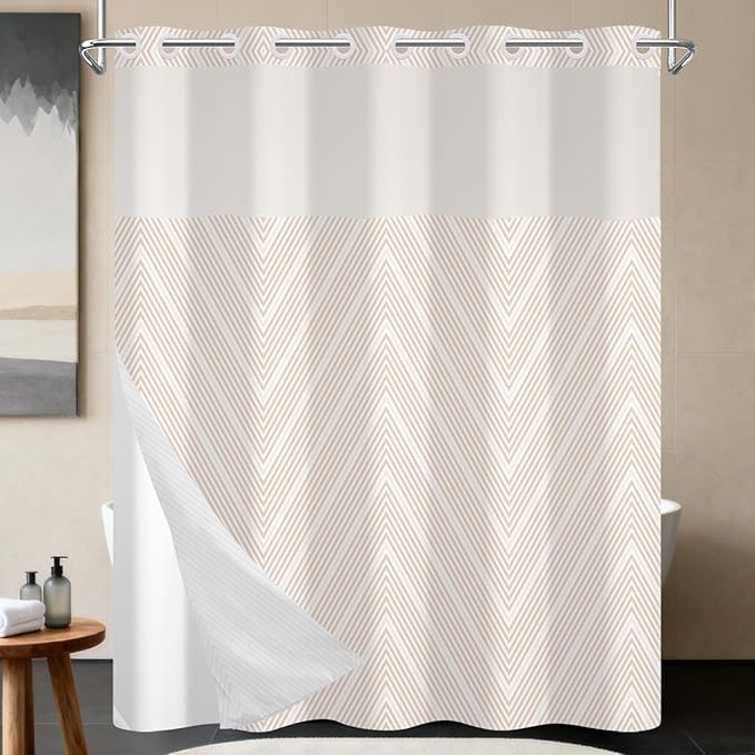 No Hook Shower Curtain with Snap in Fabric Liner - Beige and White Minimalist Chevron Pattern, Waterproof Double Layers for Modern Farmhouse Bathroom, See Through Top Window, 71x74 Inches
