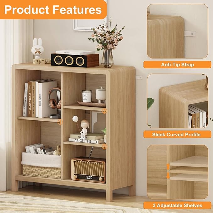 FATORRI 8 Cube Bookshelf with 4 Doors and 5 Cube Bookcase for Home Office (Light Walnut)