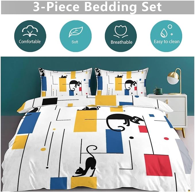 Mid Century Bedding Set,Retro Black Cat 1950s 1960s Abstract Atomic Colorful Geometric Pattern Modern Comforter Set with Pillowcase for Bedroom Bed Decor，Twin 86"x70"