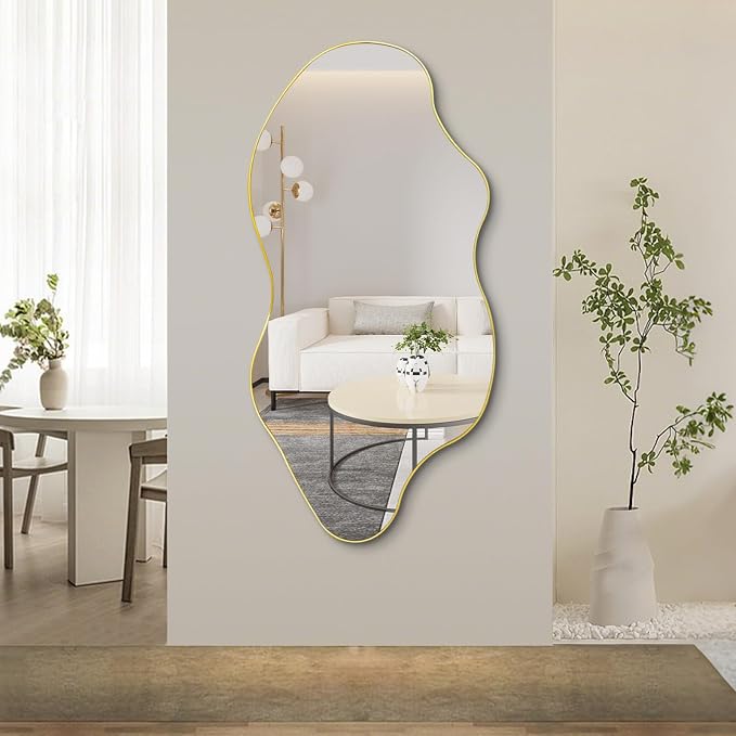 Gold Irregular Mirror, 52"x25.5" Large Asymmetrical Aesthetic Wall Mirror, Modern Abstract Frameless Mirrors for Living Room Bedroom Entryway Hallway, Hangs Vertically or Horizontally