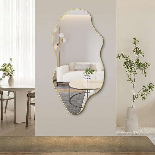 Gold Irregular Mirror, 52"x25.5" Large Asymmetrical Aesthetic Wall Mirror, Modern Abstract Frameless Mirrors for Living Room Bedroom Entryway Hallway, Hangs Vertically or Horizontally