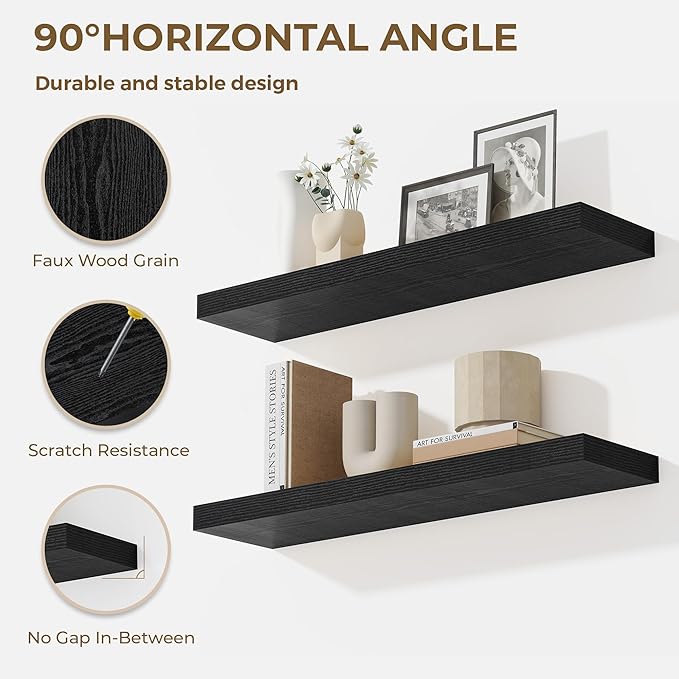 Dreamland 48 Inches Floating Shelves for Wall, 9.3" Deep Long Floating Shelves Set of 1, Large Display & Storage Shelf, Wall Shelf for Bathroom Bedroom Living Room Kitchen Office, Black