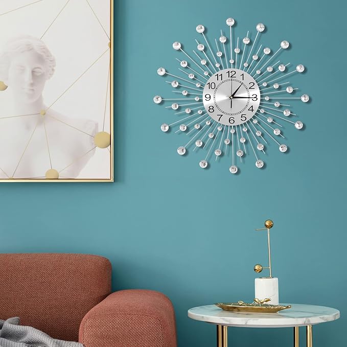 28 Inch Silver Crystal Large Modern Metal Starburst Decor, Bling Crystal Wall Clock for Kitchen Office Bedroom Living Room Decorative