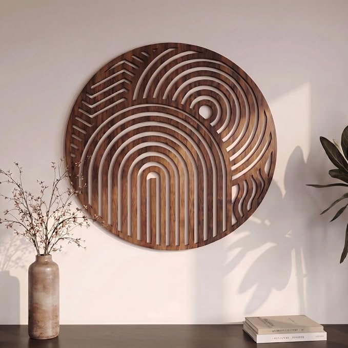 Yerliker Mid Century Modern Wood Wall Art Small Walnut Geometric Wall Sculpture 11.81 Inch Boho Minimalist Abstract Panel Decor for Living Bedroom, Office, Entryway Vertical Hanging Art(Circular)