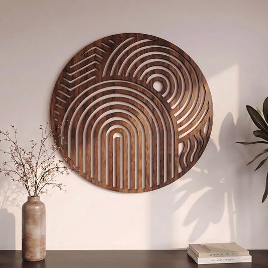 Yerliker Mid Century Modern Wood Wall Art Small Walnut Geometric Wall Sculpture 11.81 Inch Boho Minimalist Abstract Panel Decor for Living Bedroom, Office, Entryway Vertical Hanging Art(Circular)
