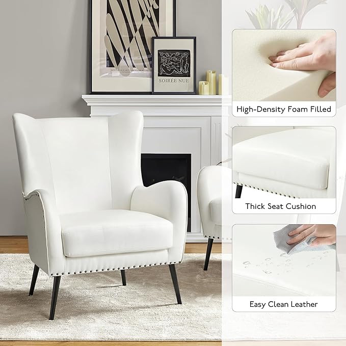 HULALA HOME Faux Leather Accent Chair with Removable Cushion, Comfy Upholstered Armchair with Black Metal Legs & Nailhead Trim Wingback Vanity Chair for Reading Living Room Bedroom, Ivory
