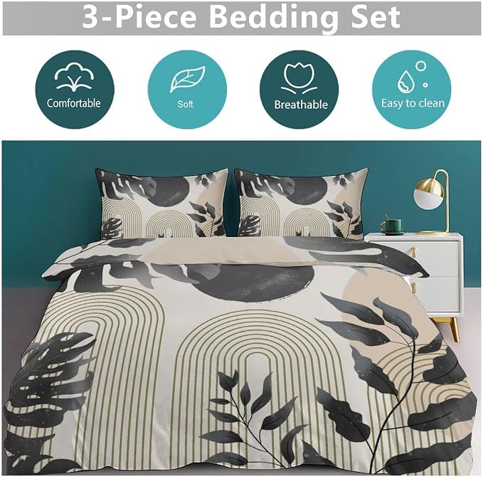 Mid Century Leaf Bedding Set,Boho Grey Tropical Plant Palm Leaves Abstract Minimalist Geometic Modern Comforter Set with Pillowcase for Bedroom Bed Decor,Queen 90"x90"