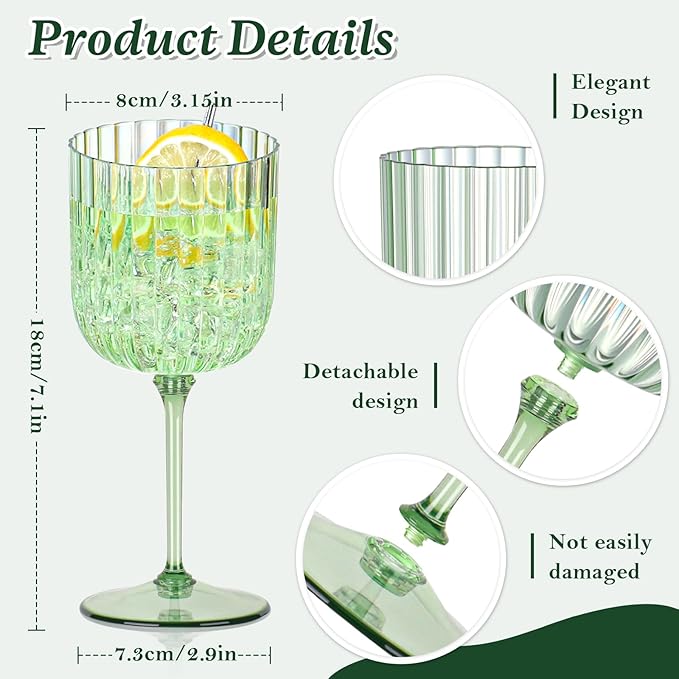 24 PCS Plastic Ribbed Wine Glasses 11oz Green Detachable Wine Goblet Unbreakable Vintage Ripple Water Goblets Cocktail Drinking Cups for Parties Weddings Poolside Outdoors
