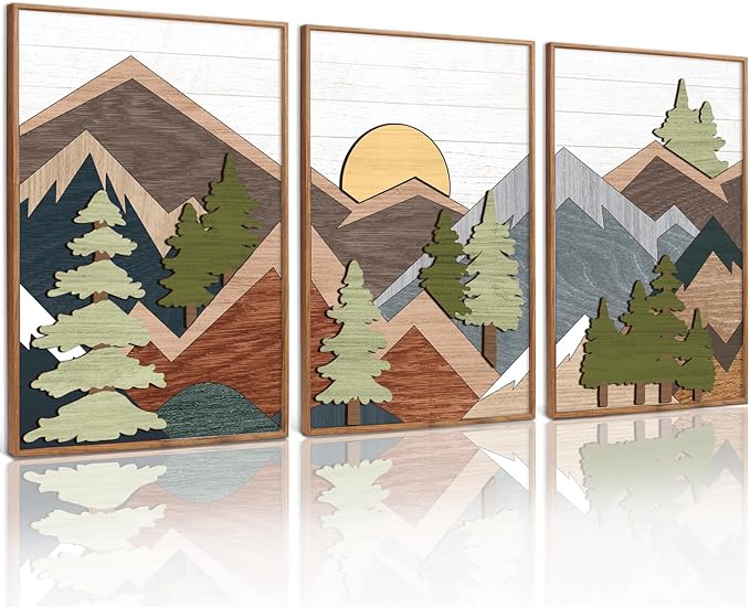 TOARTi Framed Wood Panel Mountain Forest Landscape Wall Decor (16"x24"), Vintage Nature Wilderness Woodland Wall Art, Mid Century Modern Sunrise Wooden Cut Decor for Farmhouse Bedroom Living Room