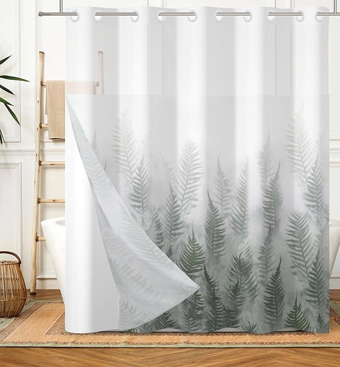 Fern Leaves Shower Curtain with Snap in Liner Gradient White Green Fabric Cloth Bath No Hook Shower Curtains with Mesh Top Window Waterproof Bathroom Curtain Set 71Wx74H