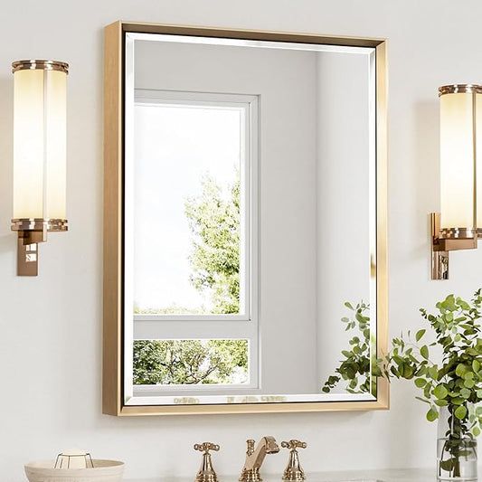 Gold Bathroom Mirror, 24x32 Brushed Gold Bathroom Mirror Beveled Edge, Gold Framed Rectangle Bathroom Vanity Mirror, Anti-Rust Brushed Brass Metal Frame Wall Mirror Vertical/Horizontal
