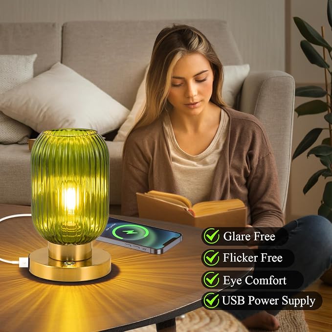 Glass Table Lamp for Living Room, Vintage Bedside Lamp for Bedroom, 3-Way Dimmable Touch Control Nightstand Lamp with USB C+A, Mid Century Modern Green Table Lamp (2700K LED Bulb Included)
