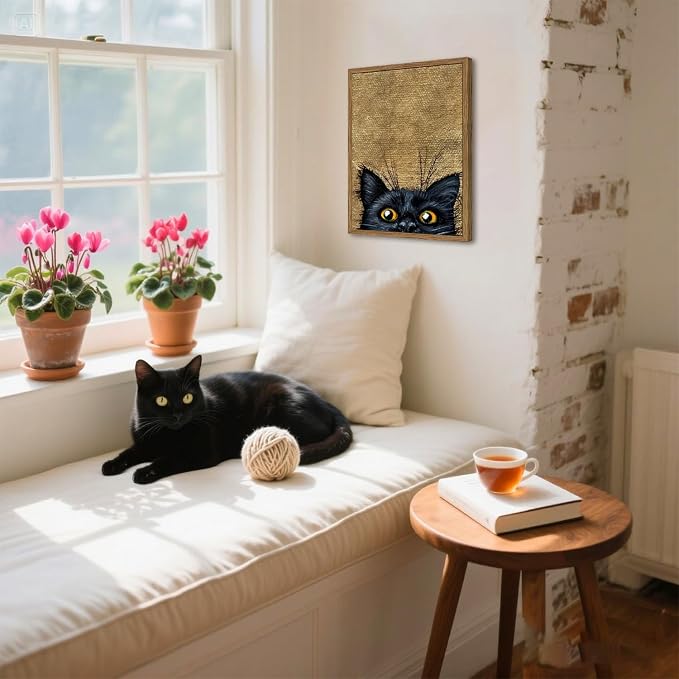 Cute Black Cat Wall Art Funny Cat Wall Decor Painting, Eclectic Animal Poster Canvas Print Picture for Living Room Bedroom 16x24 inch Wood Framed