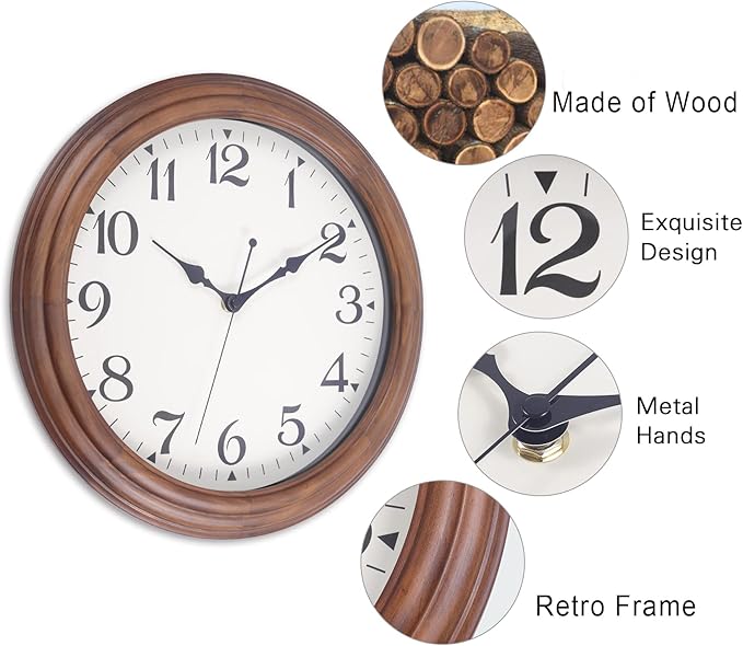 14 Inch Wooden Wall Clock, Retro Wood Wall Clocks Battery Operated, Large Silent Sweep Movement Accurate Wall Clock for Living Room Bedroom