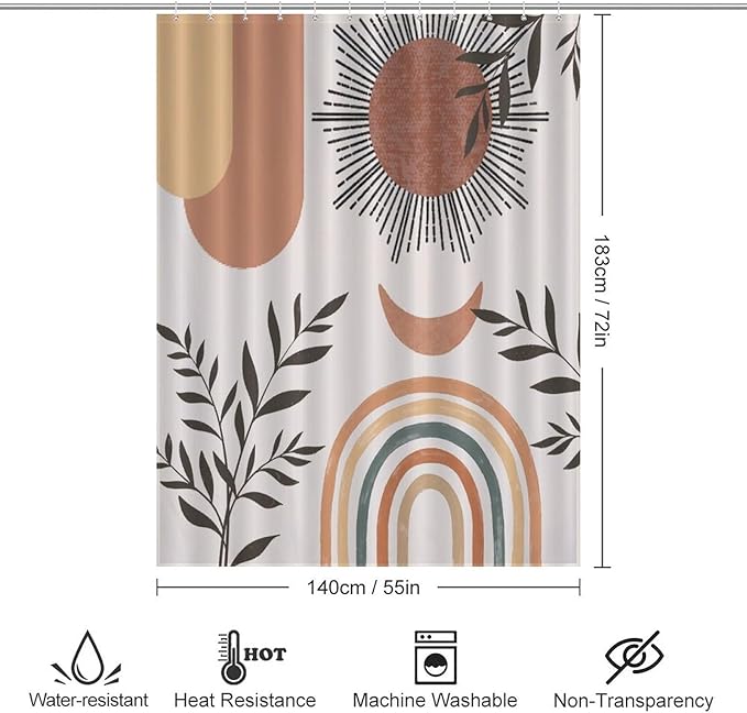 Mid Century Abstract Boho Shower Curtain Orange Vintage Aesthetic Nature Leaf Sun Modern Waterproof Shower Curtains for Bathroom Decor 12 Pack Hooks 55x72in（140x183cm）