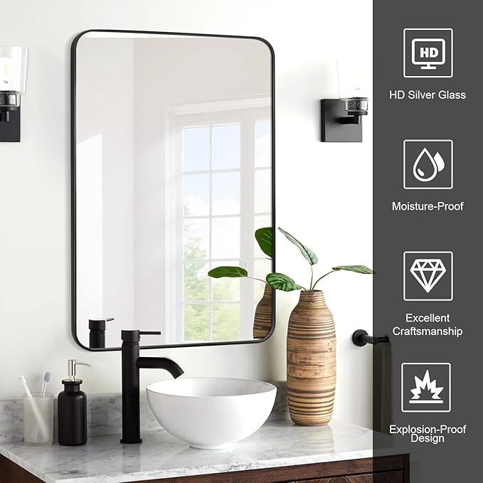 Black Bathroom Mirror 24X36 Inch Rounded Rectangle Wall Mirror Stainless Steel Metal Frame Vanity Mirror Anti-Rust for Entryway, Bathroom, Vanity, Living Room Hangs Vertically or Horizontally